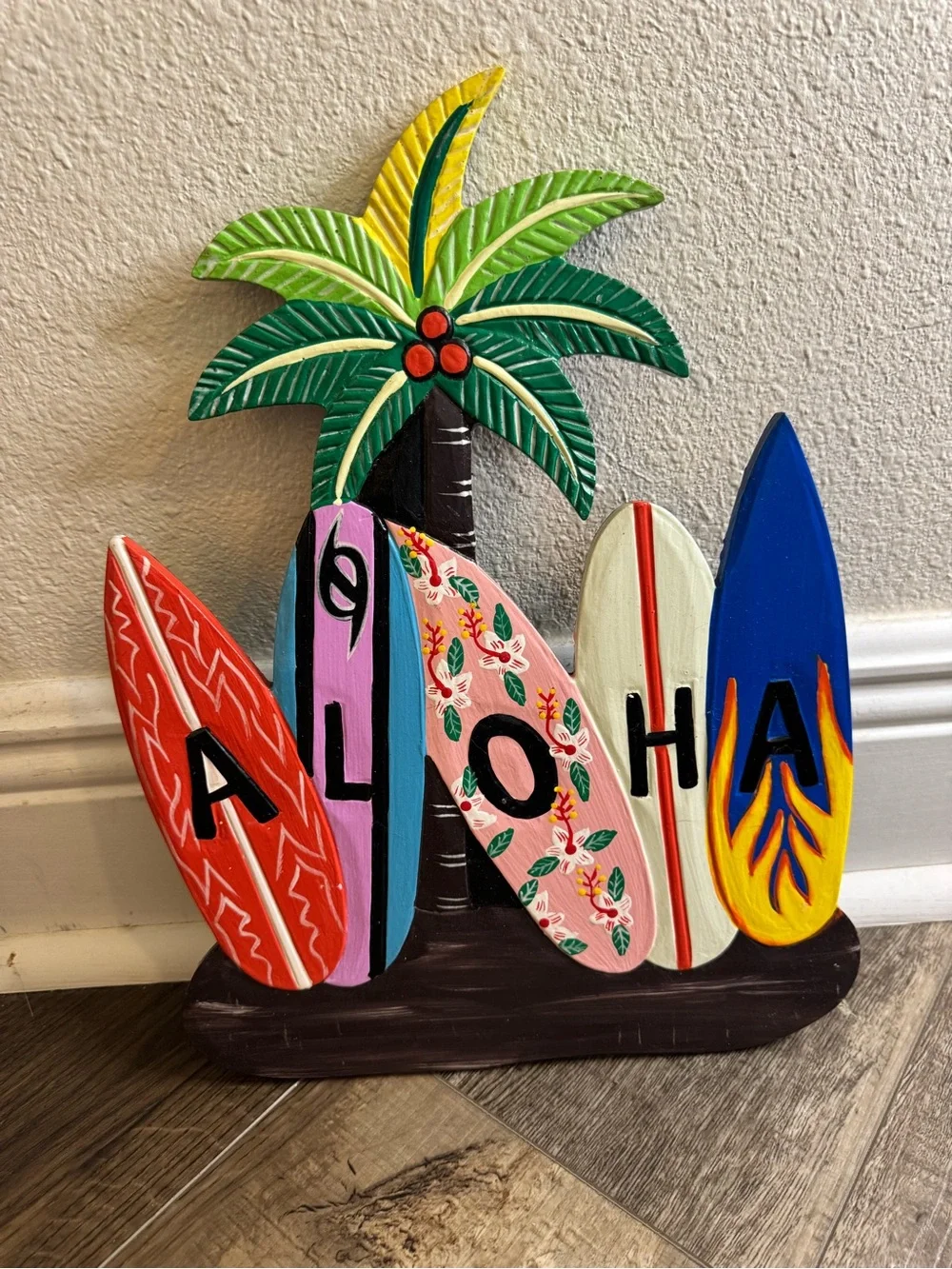 Aloha Surfboard Palm Wood Wall Decor - Bright Tropical Colors